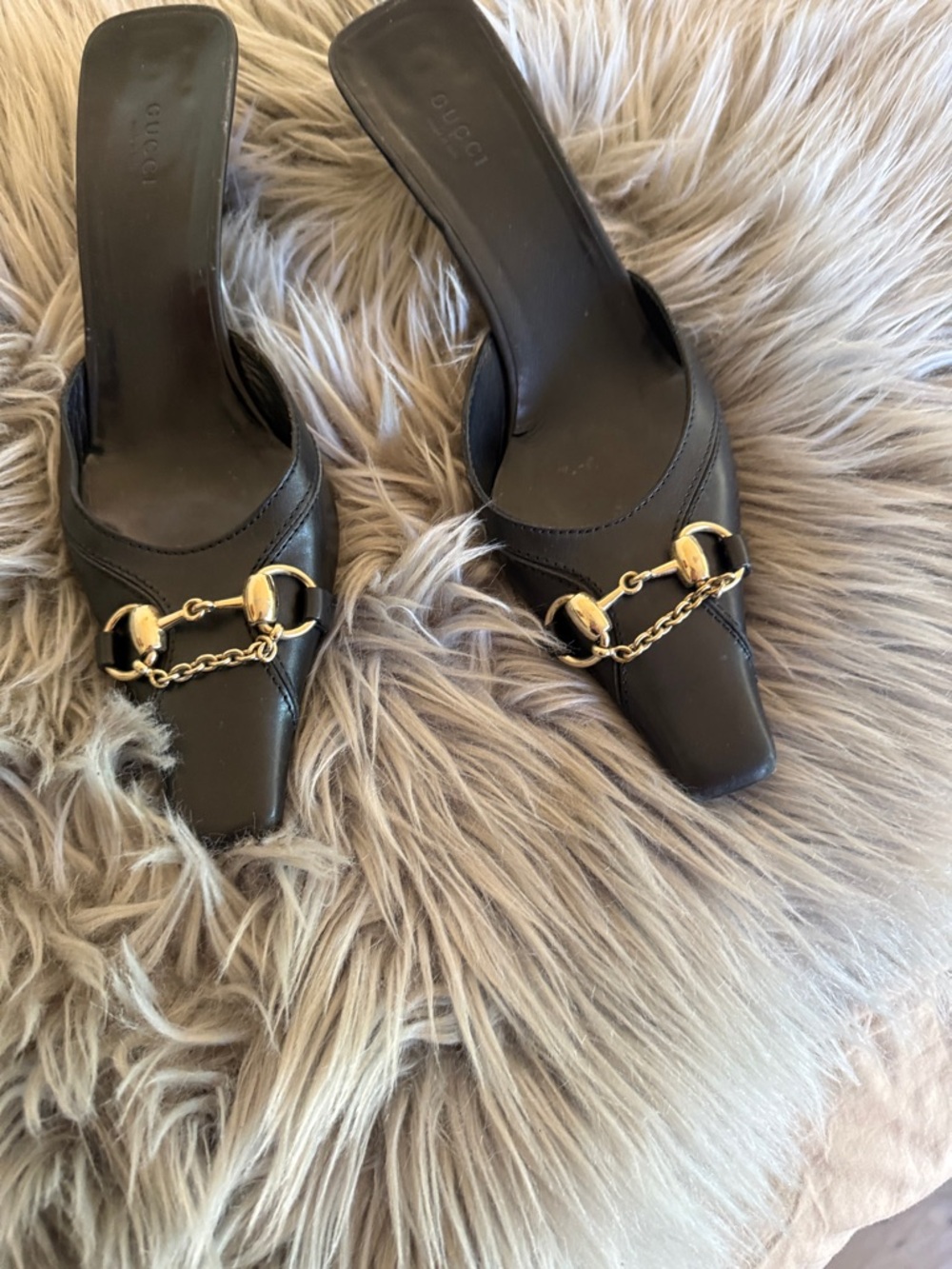 Gucci Black Leather Mule Heels with Gold Horsebit Chain